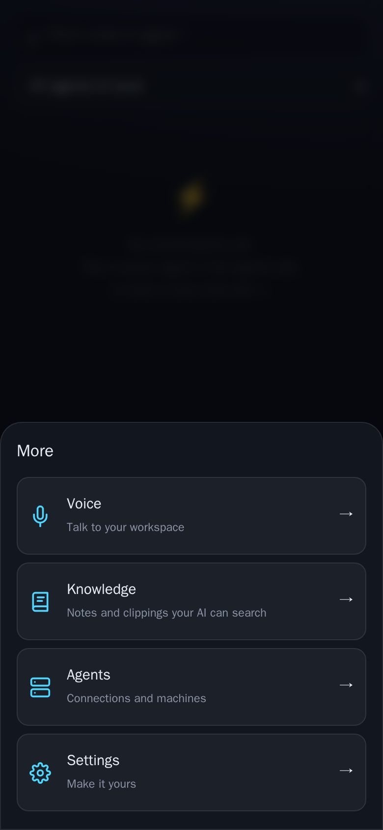 LLMChat menu with voice, knowledge, agents and settings